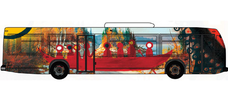The City of Peterborough and ARTSPACE teamed up on an 'art in motion' public art project.  Jimson Bowler's "Big Loon Portage" won the contest, was recreated and installed as a full bus wrap on a Peterborough Transit bus, pictured here, for a six month period.